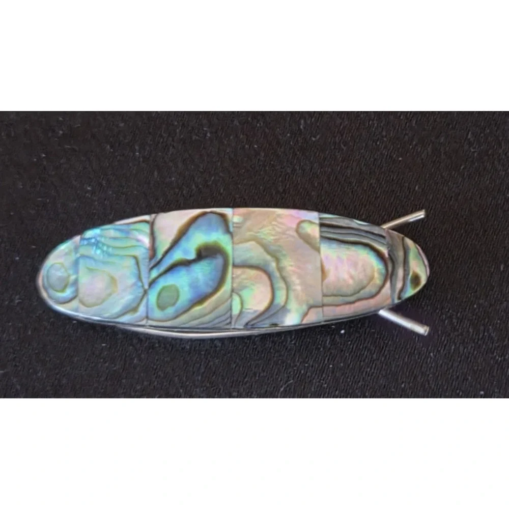 Vintage Mexico Silver Tone Abalone Inlay Barrette Women's Hair Clip Mid Century